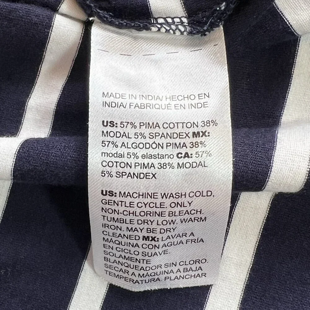Chico's - Women's L Blouse Navy Blue White Striped Bell Cuffed Boat Neck
